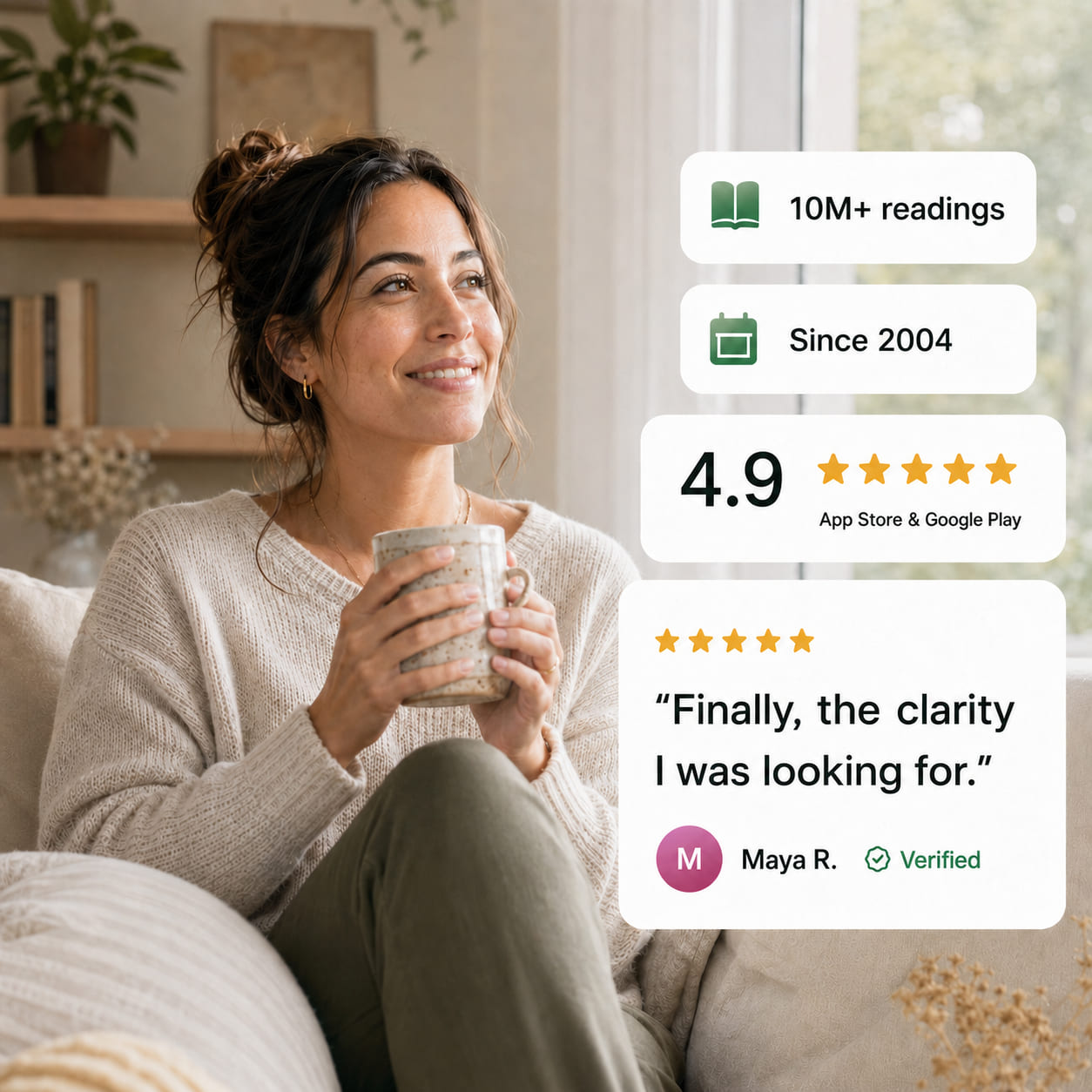 A woman relaxing at home with a warm drink, beside Orb's 4.9 store rating and a five-star verified review